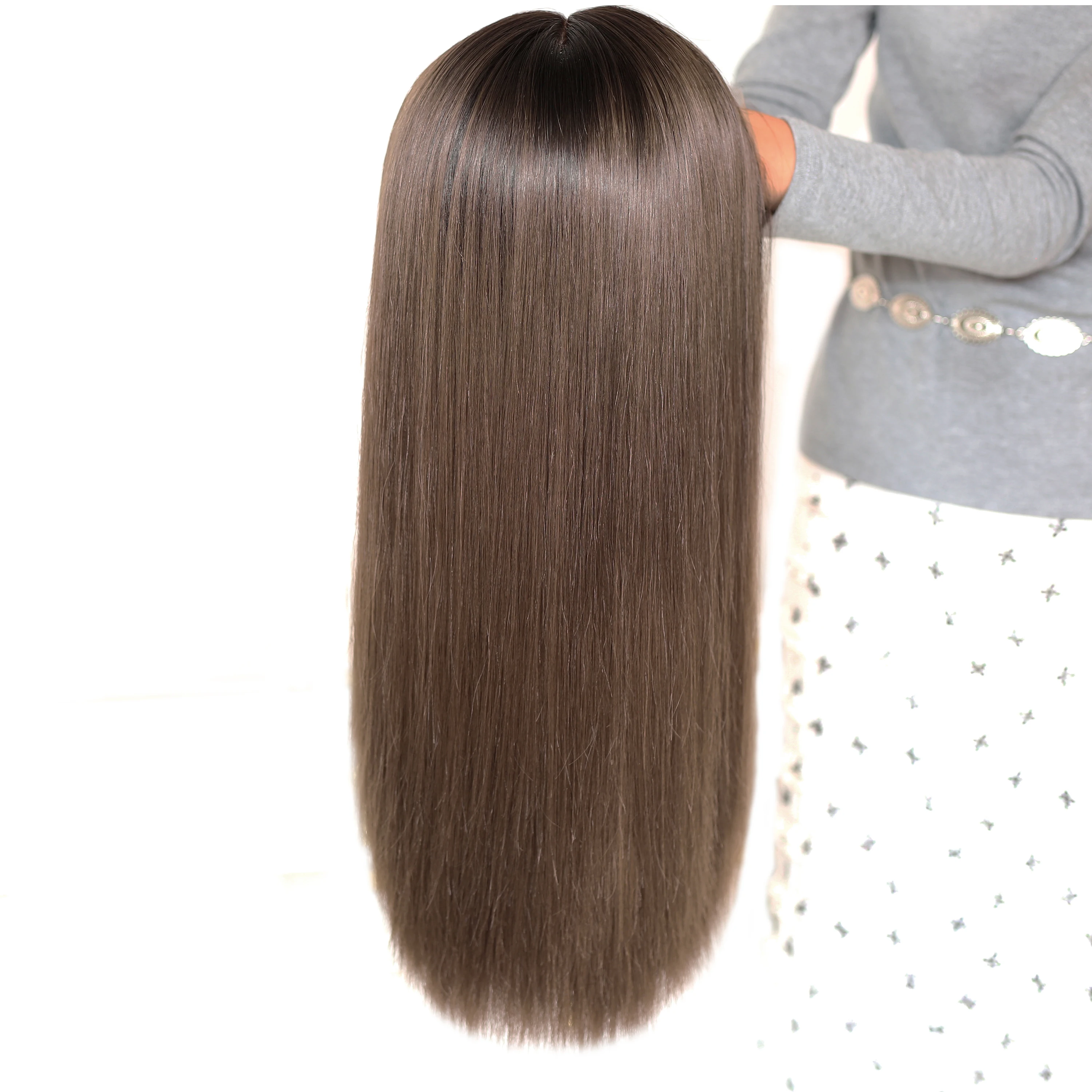 Remy Human Hair Lace Front & Top Wig, Light Coffee And Brownie with Shadow Roots Luxury Hand Painted Sombre Human Hair Wig