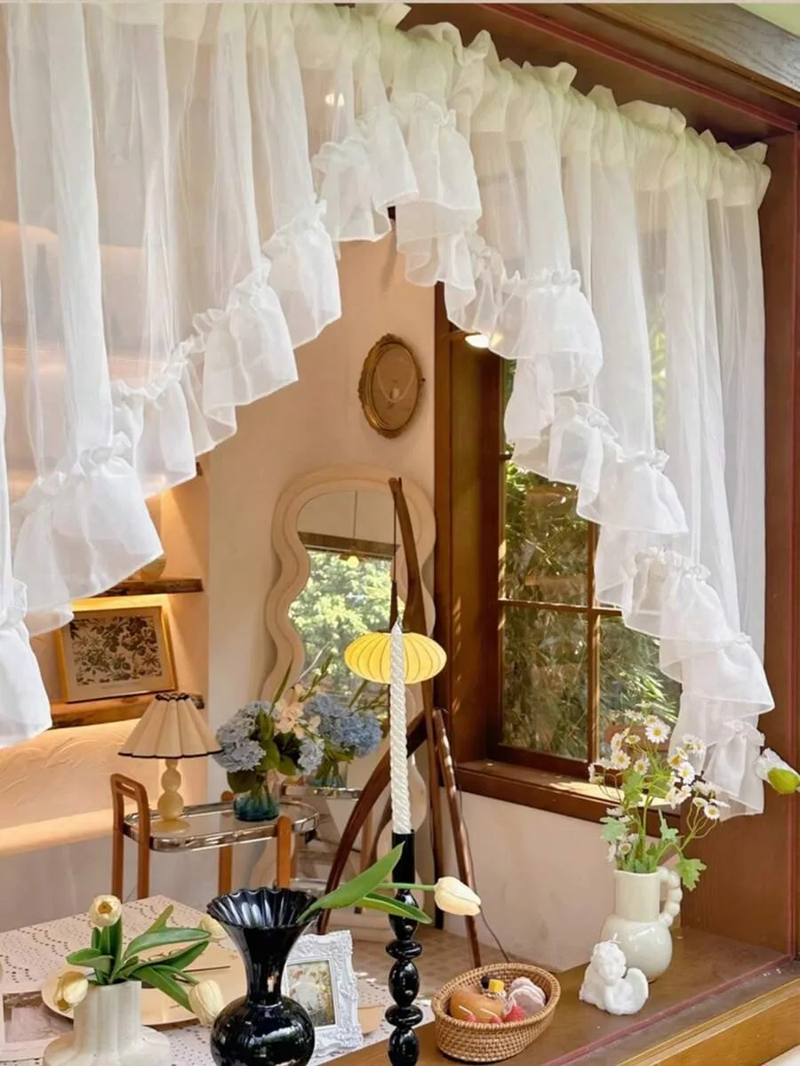 1pc High-Quality Lace Ruffle Sheer Curtain Panel, Elegant Window Valance Decor
