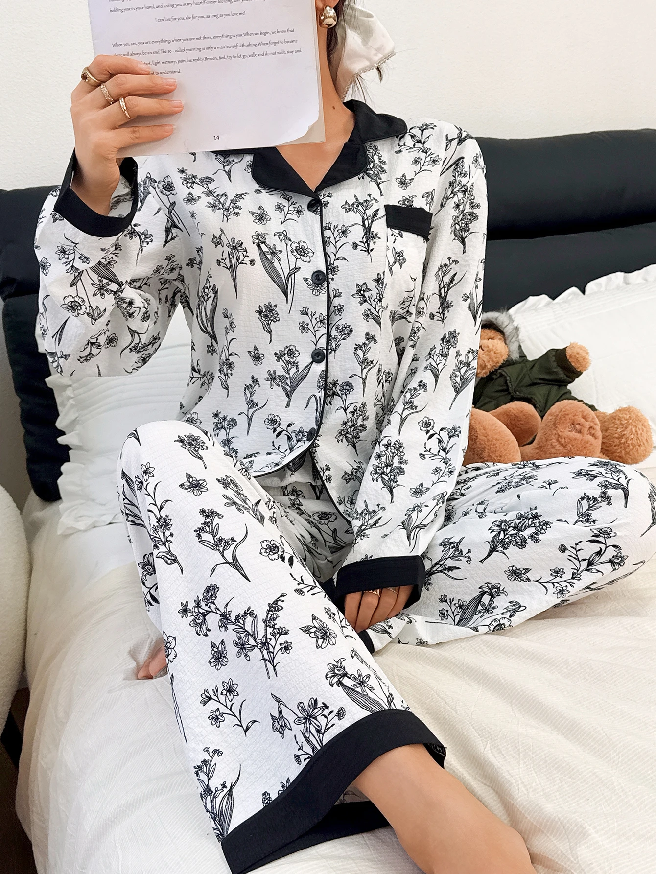 طقم بيجامة نسائي مكون من قطعتين للخريف والشتاء مطبوع عليه زهور، بلوزة بأزرار سفلية وسراويل طويلة، طقم ملابس نوم كاجوال مناسب للاستخدام المنزلي #6