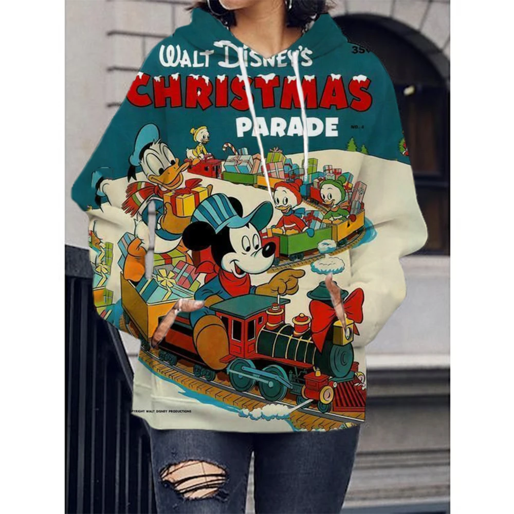 Disney Autumn Winter Women Merry Christmas Hoodie Fashion Clothing Cartoon Mickey Mouse Hooded Coat Pullover Casual Streetwear