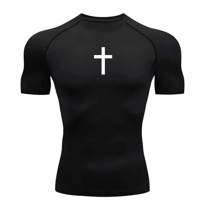 2026 Cross Print Compression Shirt Mens Running T-Shirt Quick-Drying Fitness Sportswear Gym Sports Short Sleeve Training Shirt