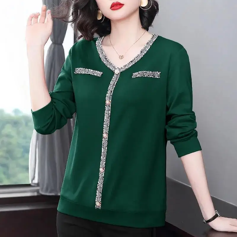 Women Loose Vintage Cotton T-Shirt Spring Autumn V-Neck Long Sleeve Pullover Nail Bead Fashion Solid Splicing Casual Female Tops