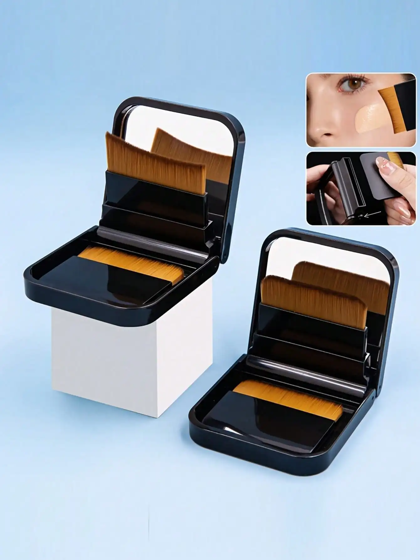 Ultradünner, kompakter Foundation-Pinsel mit Spiegelbox, leicht zu transportieren, Make-up-Pinsel mit flachem Kopf, keine Spuren, austauschbare Make-up-Werkzeuge