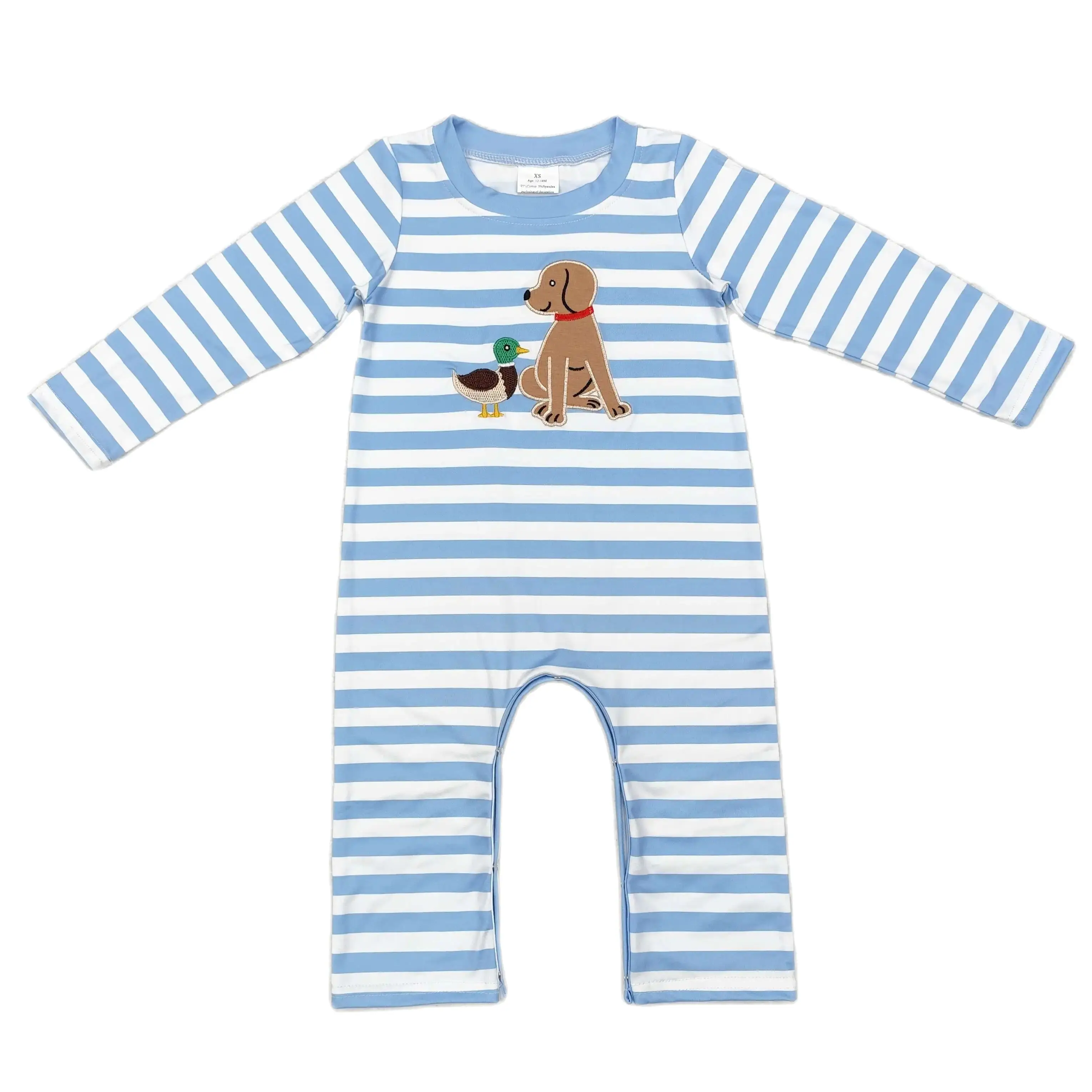 RTS Boutique Newborn Coverall Bodysuit Long Sleeves Jumpsuit Baby Boy Toddler Embroidery Dog Duck Striped Romper Kids One-piece