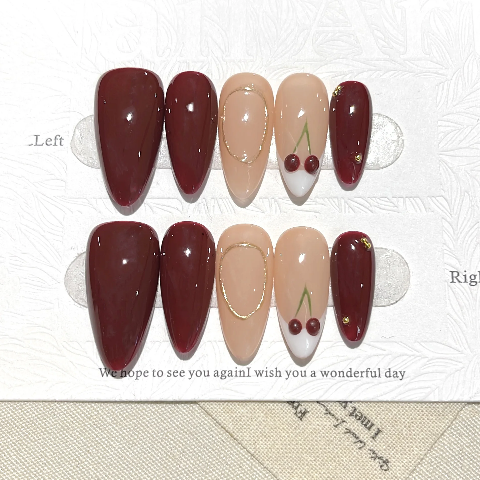 10PCS Original Handcrafted Wine Red Almond Press On Nails, 3D Cherry & Gold Line Artificial False Nails