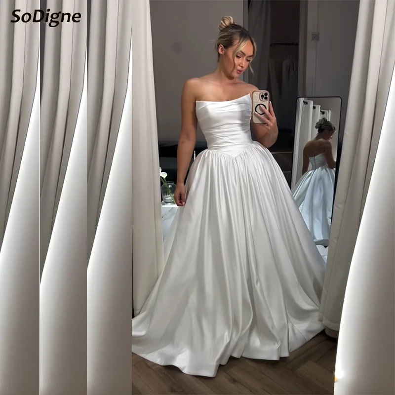 

SoDigne A-line Simple Satin Wedding Dress Strapless Sleeveless Bride Dresses 2025 Long Bridal Gowns vestidos de novia Customized