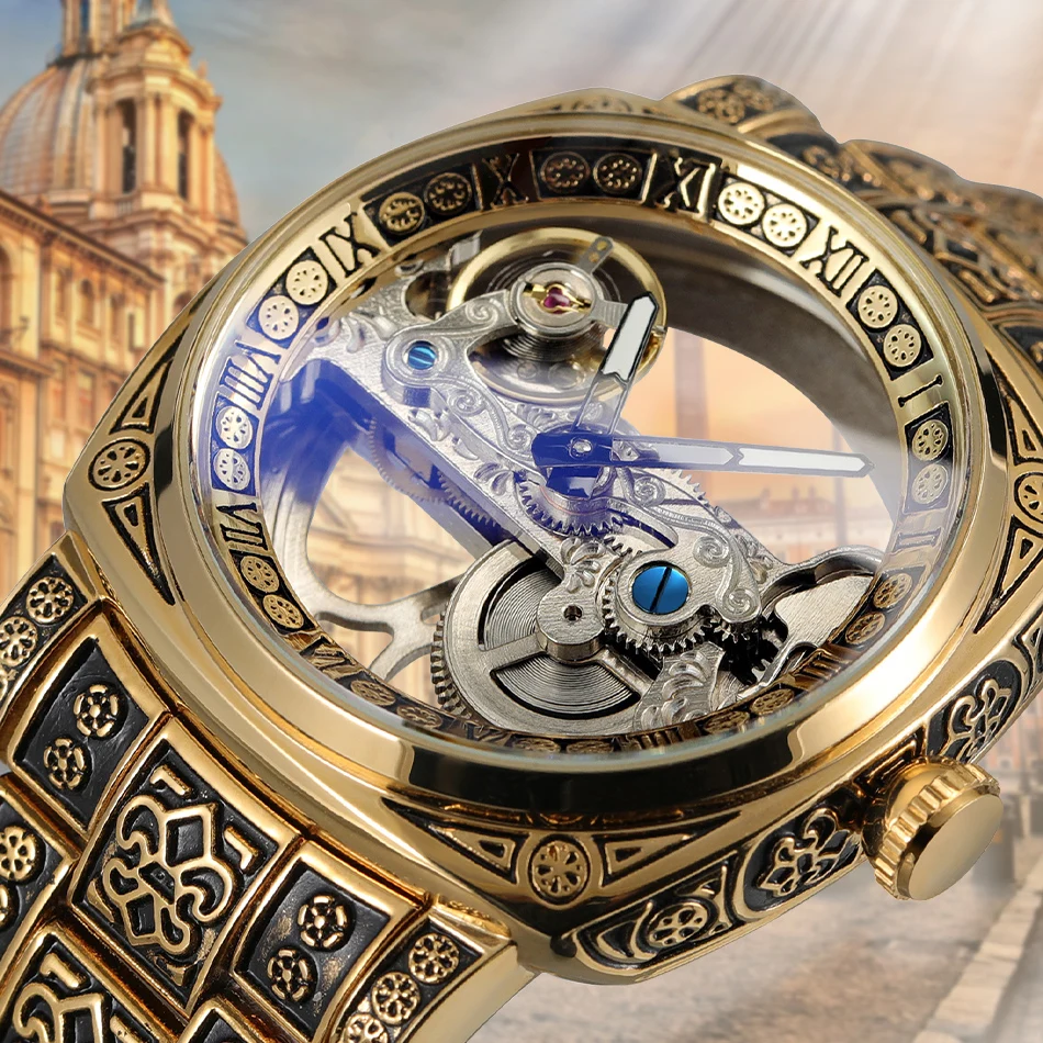 

FORSINING Luxury aaa Gold Skeleton Mechanical Men Watch Automatic Movement Clock Stainless Steel Strip Male Bronze Wrist Watches