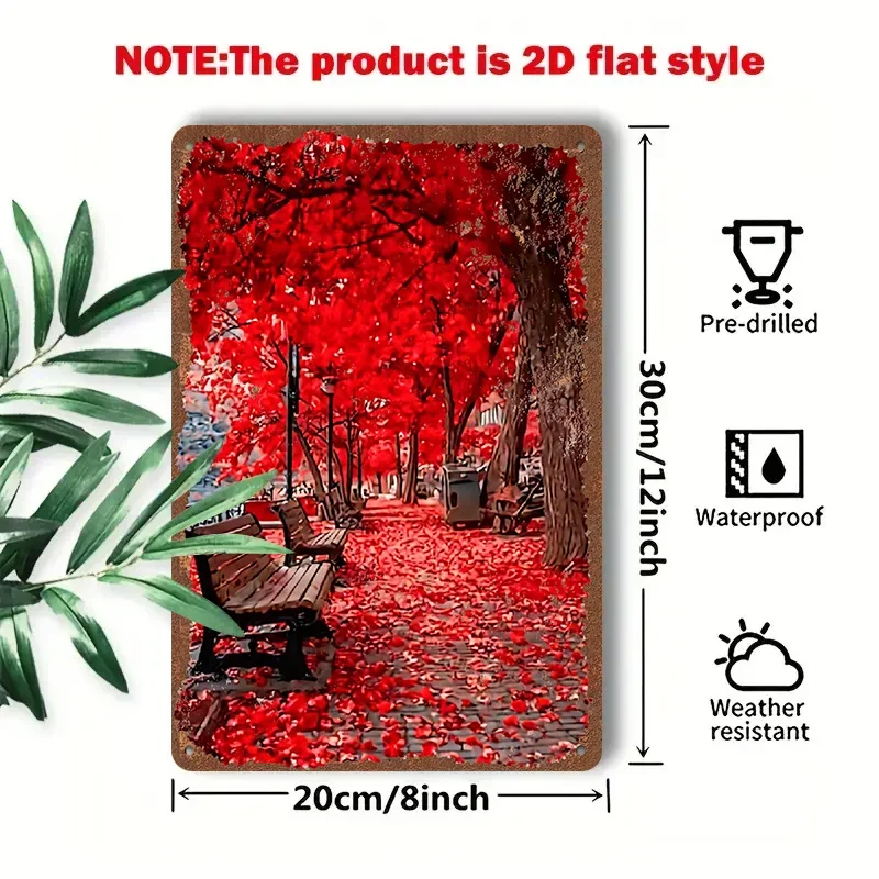 2D Flat - 1pc 2D [Flat] Metal Sign 'Autumn Leaves on a Bench' 8X12In/20X30Cm Depicts a Serene Scene of Autumn Leaves Covering a