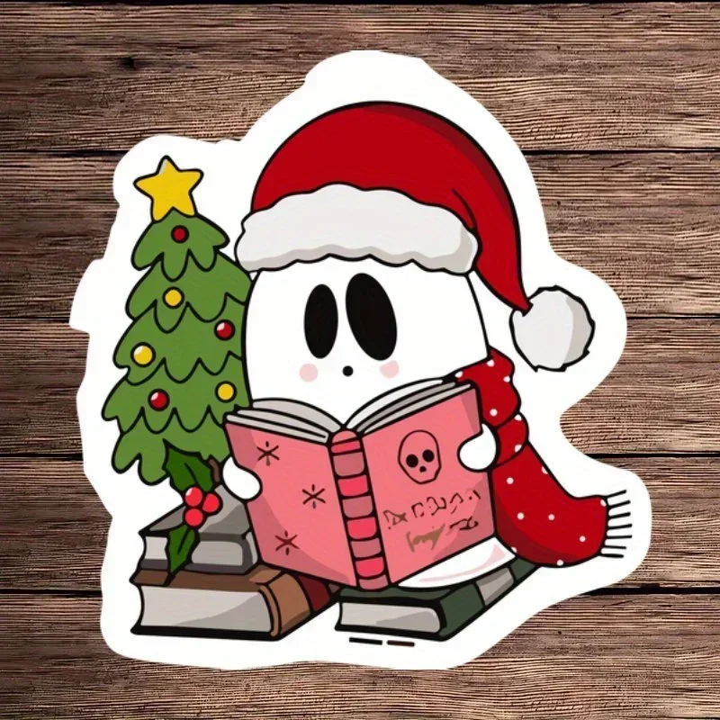 

Ghost Santa Car Motorcycle Sticker, Book & Christmas Tree Design Decal for Auto Moto, Holiday Vehicle Sticker