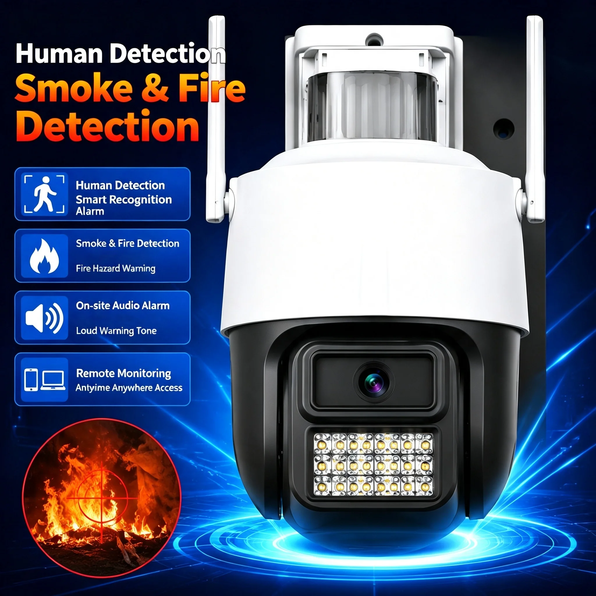Flame & Smoke Detection Camera for Home & Business Surveillance 6MP Smart AI Human & Vehicle & E‑bike Detection WIFI Camera