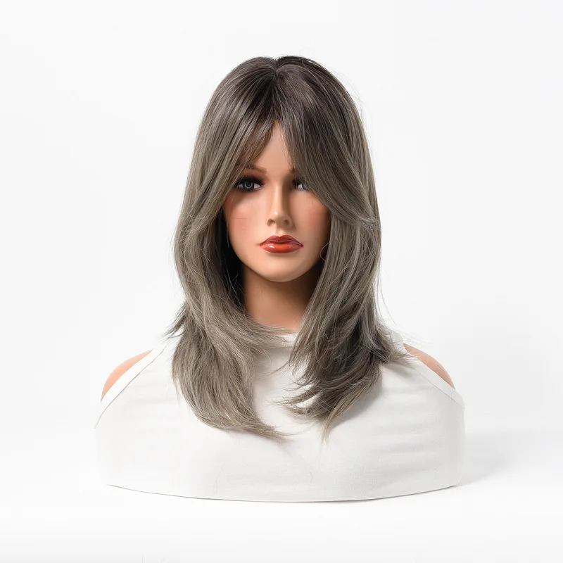 

European and American wigs, highlight-dyed eight-character bangs, gradual change of color, medium and long curly wigs, female wi
