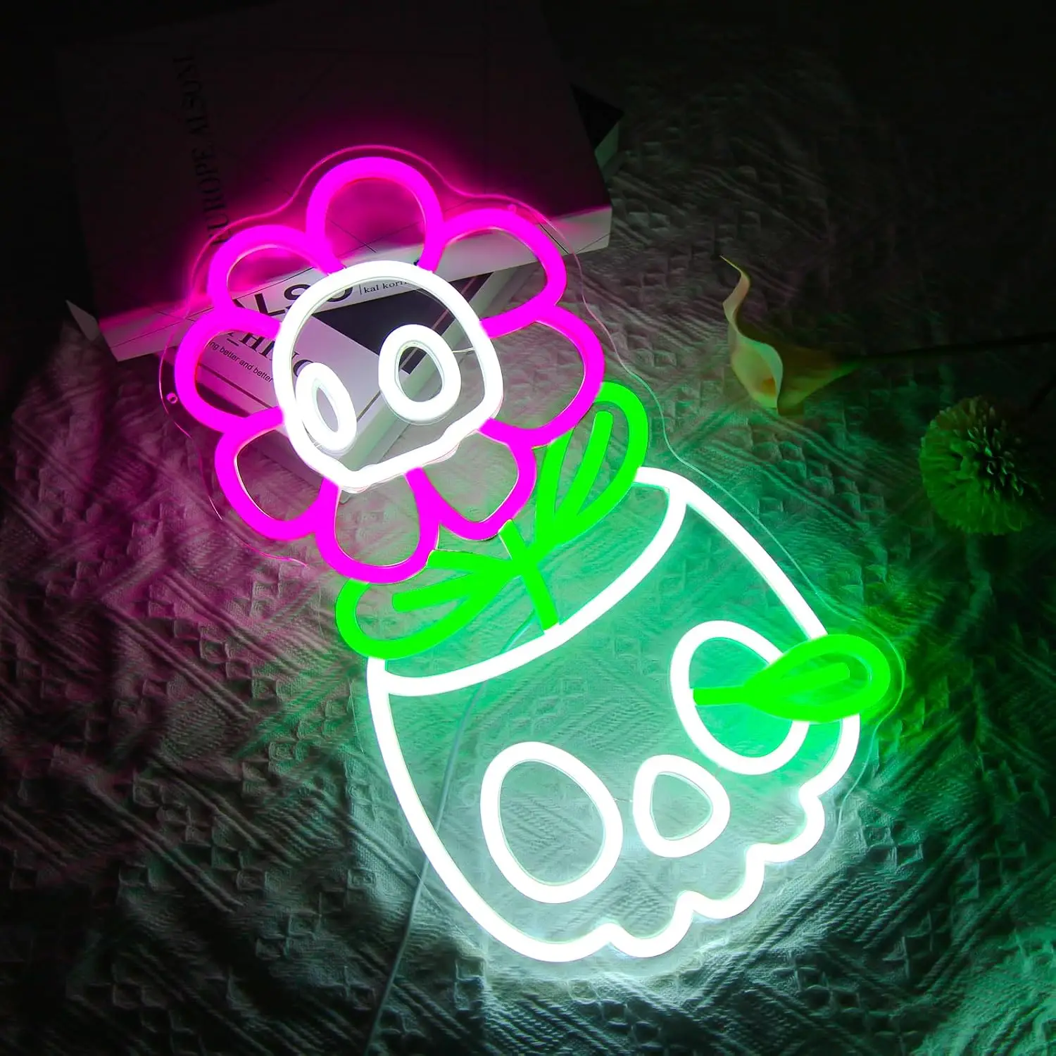 Skull Flower Pot LED Neon Sign USB Wall Light Gothic Spooky Lamp for Party Bar Home Window Bedroom Christmas Wall Decor Gift