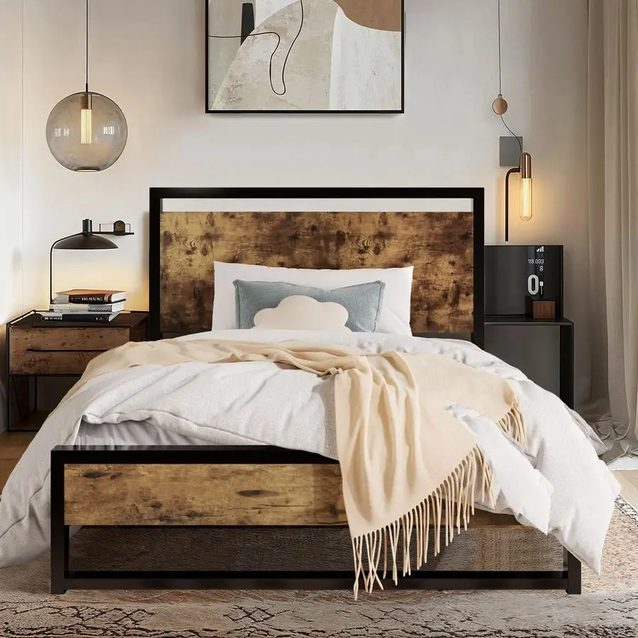 

Twin Bed Frame with Rustic Headboard amp Footboard, Sturdy Metal Frame Construction, No Box Spring Needed, Rustic Brown