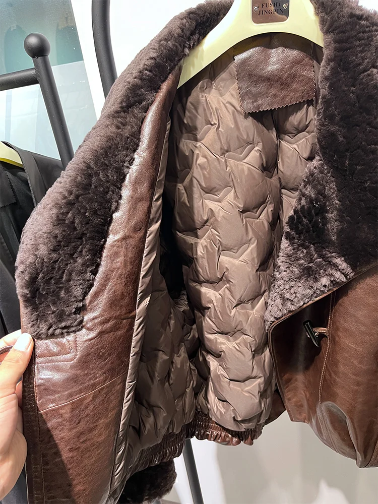 2025 المرأة الدافئة الطبيعية ميرينو الأغنام الفراء طوق معطف أوزة أسفل سترة حقيقية جلد الغنم سترة فضفاضة سترة منفوخة #5