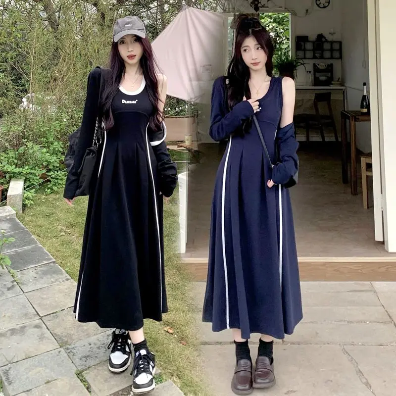 Women Slip Dress Braces Skirt Hoodies Dresses 2 Pieces Suits Korean Style suspender Retro Y2k Tracksuit Oversized Long Dresses