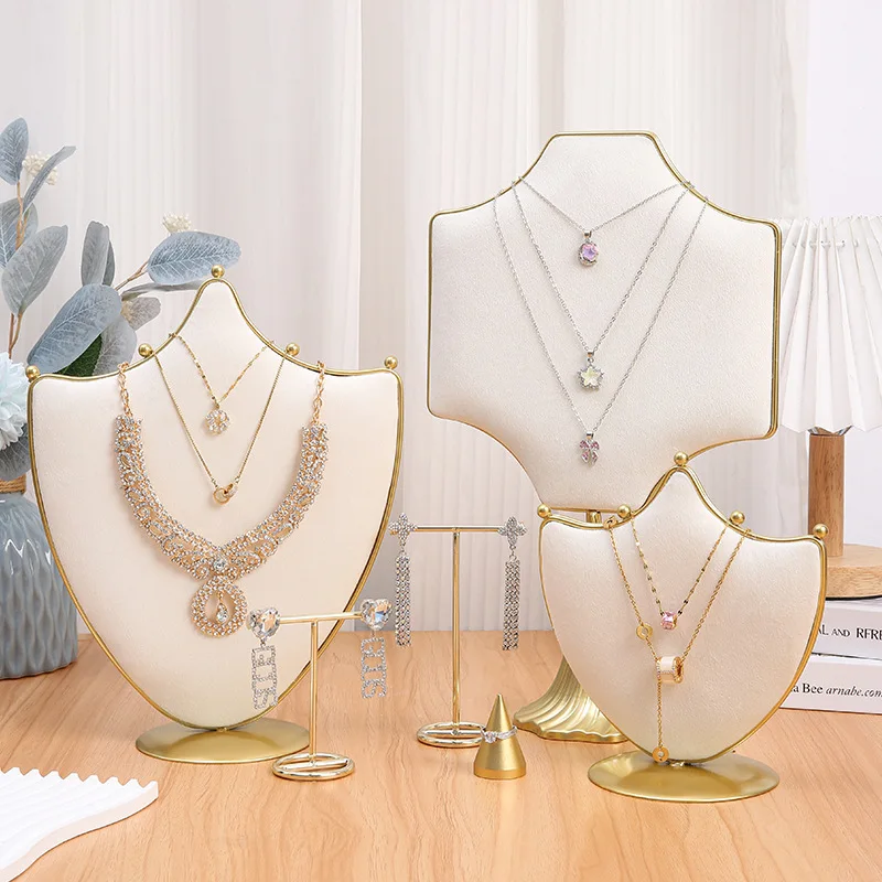 

Дисплей для ювелирных изделий в солнценом стиле, бюст для хранения ювелирных изделий, держатель для ожерелья, шелковистое бежевое бархатное ожерелье, серьги