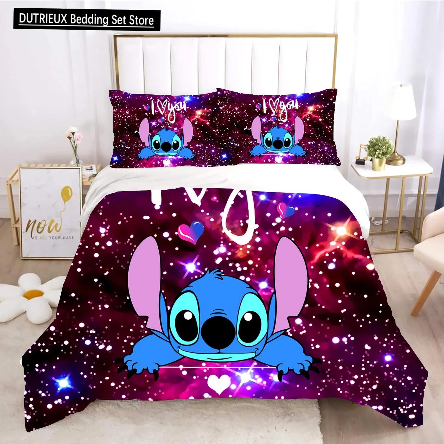 

Stitch Cute Anime Kids Duvet Cover with Pillowcases Cartoon Bedding Sets Gifts for Girls Boys Kids Adults Queen King Full Size