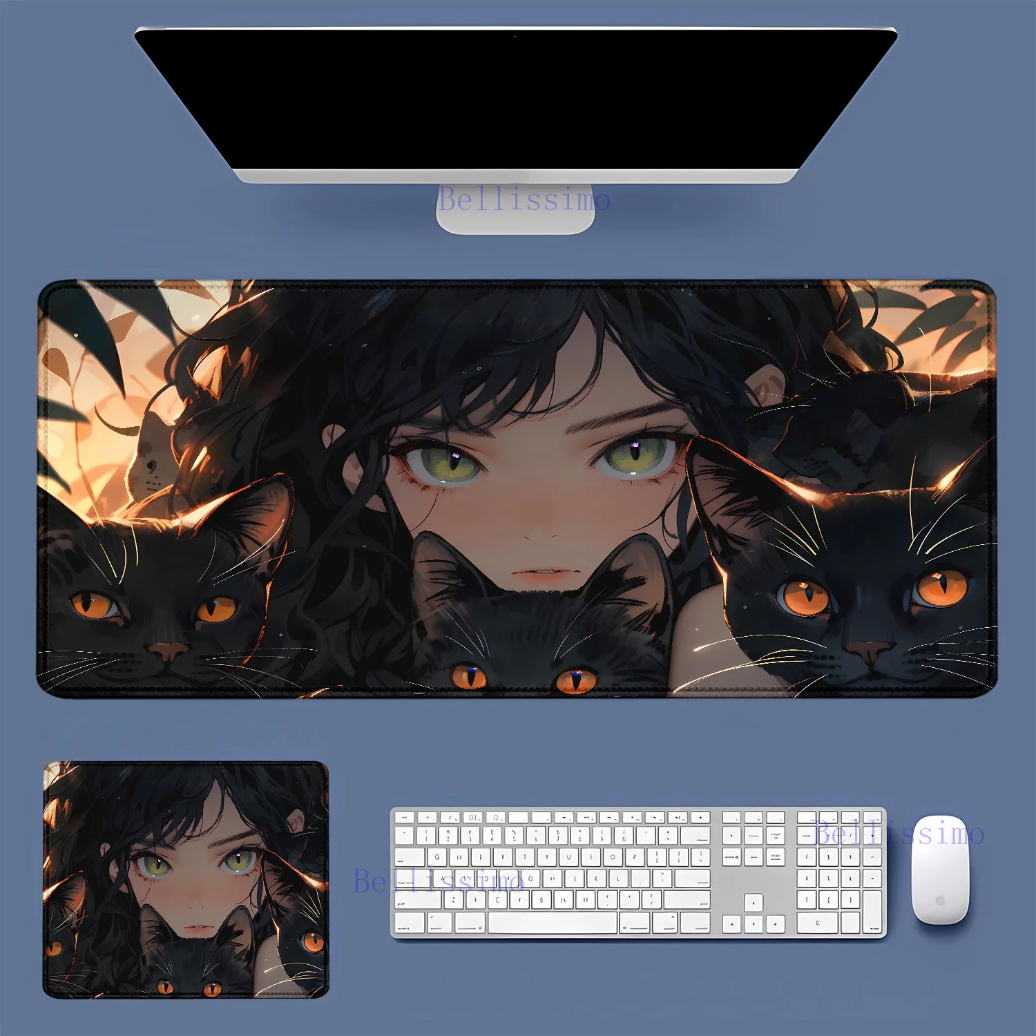 Imagem -02 - Gato Preto e Menina Mouse Pad Teclado Estendido Proteção Desktop Office Mouse Pad Lock-edge Kawaii Roxo Xxl