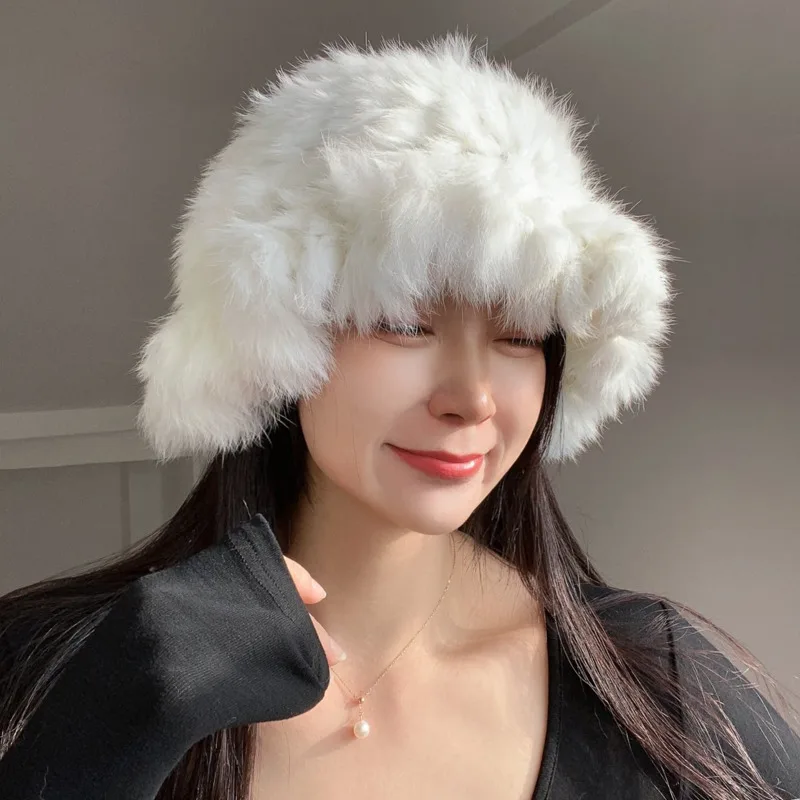 Women Real Rabbit Fur Fisherman Hat Warm Winter Ear Protection Hat Soft Plush For Outdoor Ice Skating Cold Weather For Wonmen