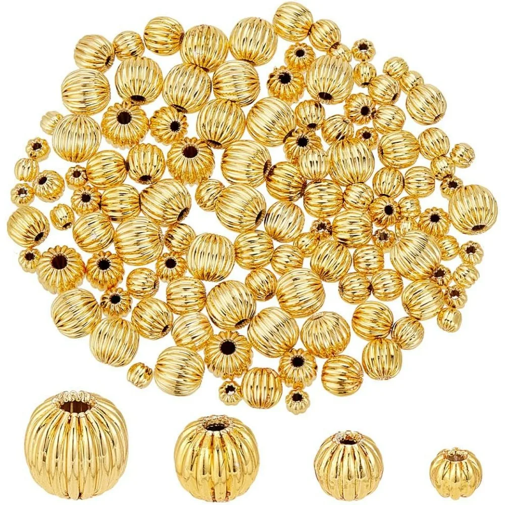 120pcs 18K Gold Spacer Beads 4 Sizes Corrugated Round Beads 3/4/5/6mm Metal Brass Spacer Beads Lantern Ball Loose Kit