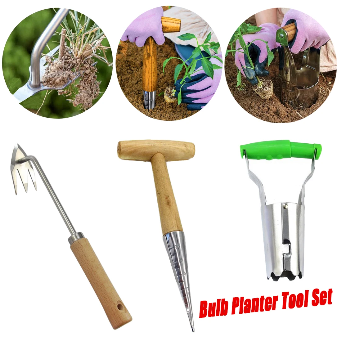 

3PCS Garden Bulb Planter Tool Set Uprooting Weeding Handheld Dibbler Wooden Handle Planting Seeds Transplanting Digging Holes Ga