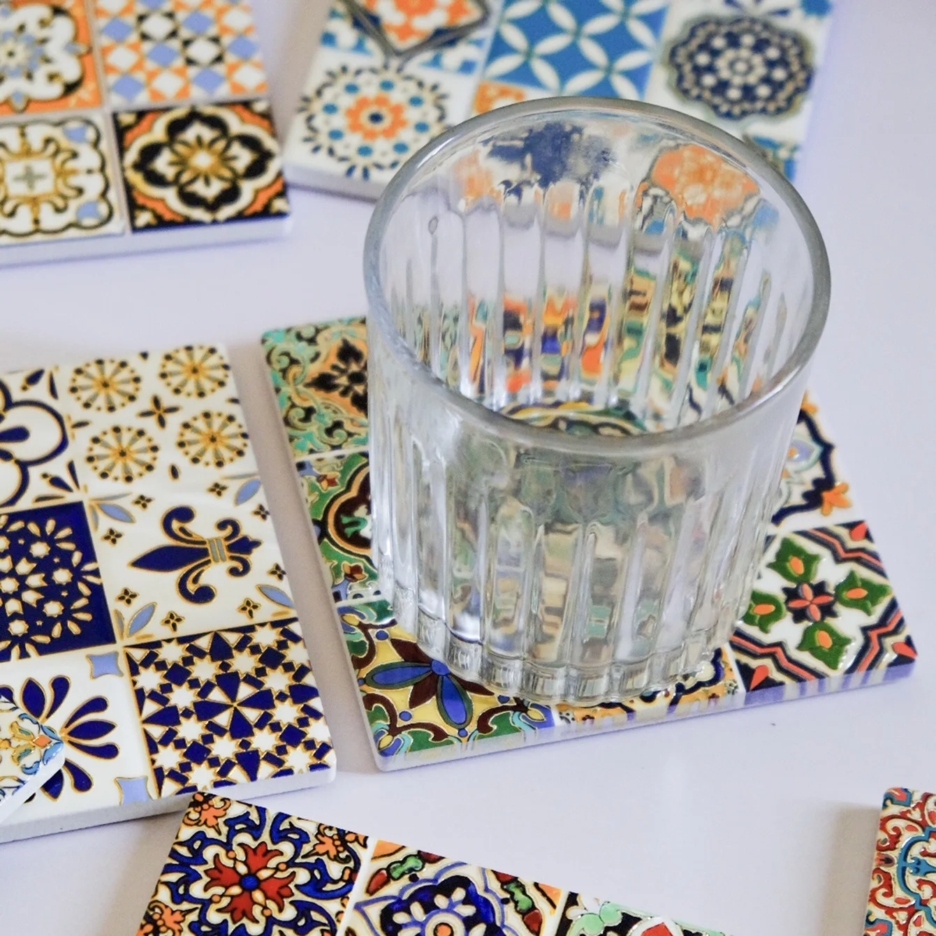 4pcs Cork Coaster Set 3D Anti Slip and Anti Scald Beverage Ceramic Coaster Coffee Table Retro Bohemia Style Home Decoration