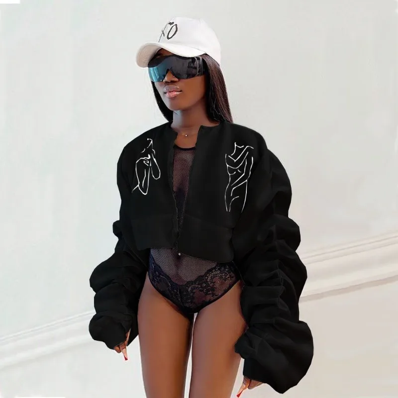 

Body Print Women Solid Jackets Crop Tops Fashion O Neck Zipper Pleated Ruffles Long Sleeve Casual Streetwear Coats Cardigans