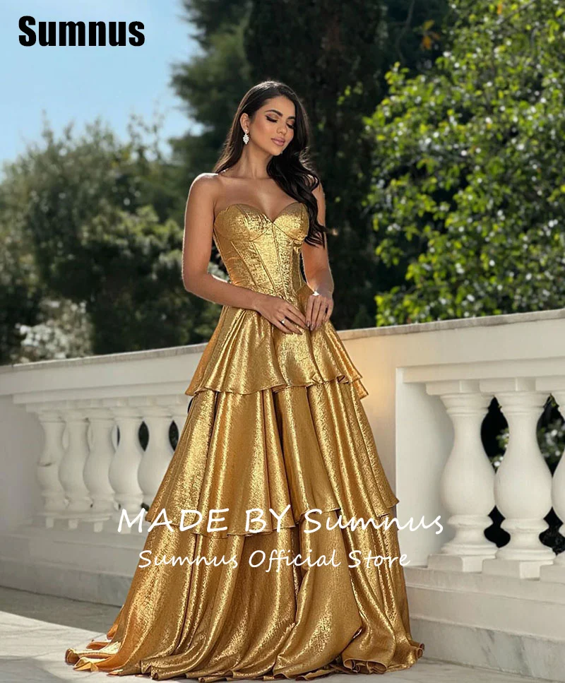 Sumnus charmante robe de bal trapèze dorée chérie à plusieurs niveaux sans manches robes de soirée longueur au sol robe de soirée personnalisée