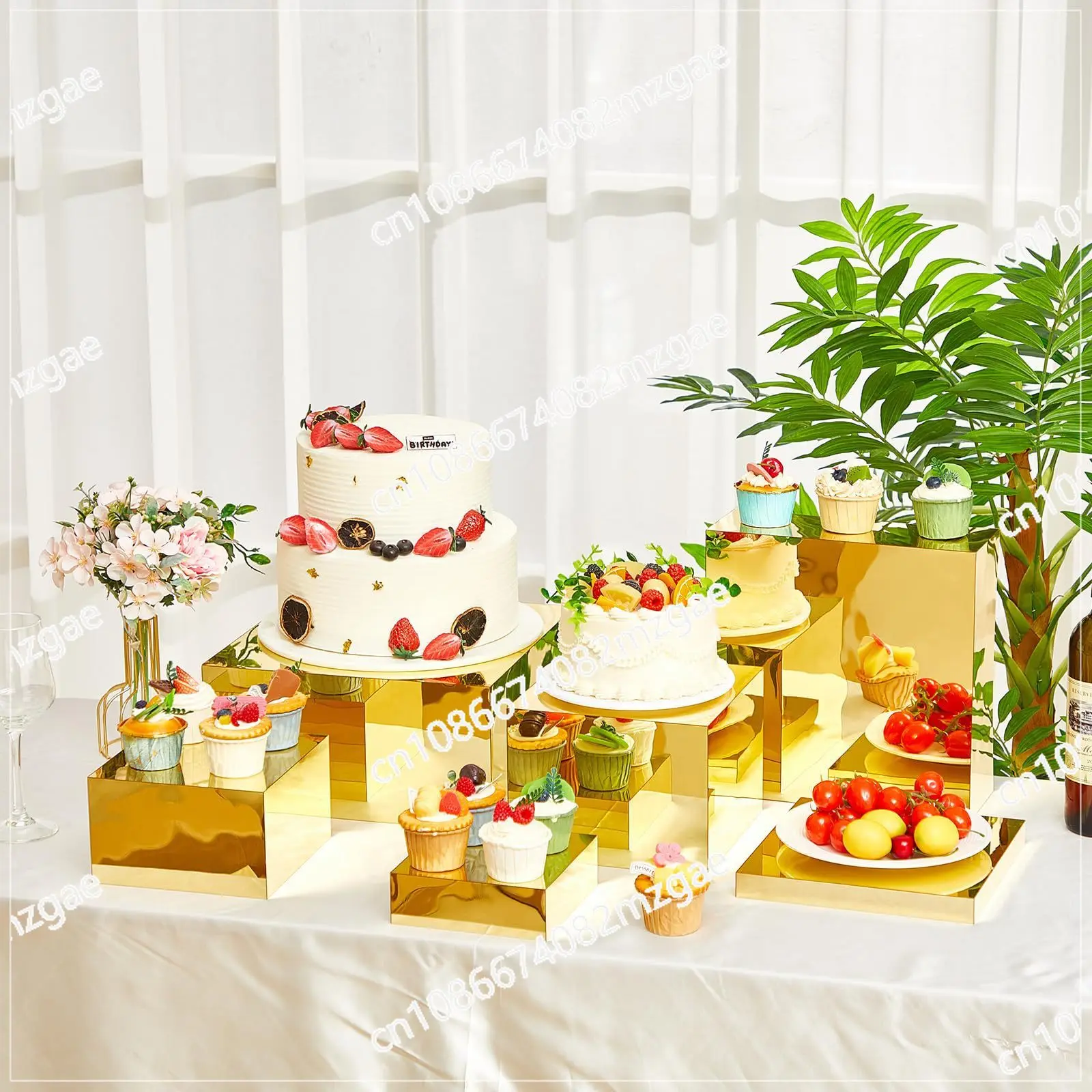 7-Piece gold display stand, cube box with hollow bottom inlaid acrylic bracket, suitable for wedding parties