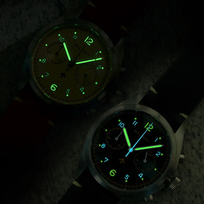 Baltany Herren Fliegeruhr Chronograph 39mm Panda Militär Quarz Armbanduhr Sport Saphir 50M Wasserdicht VK64 C3 Leuchtend