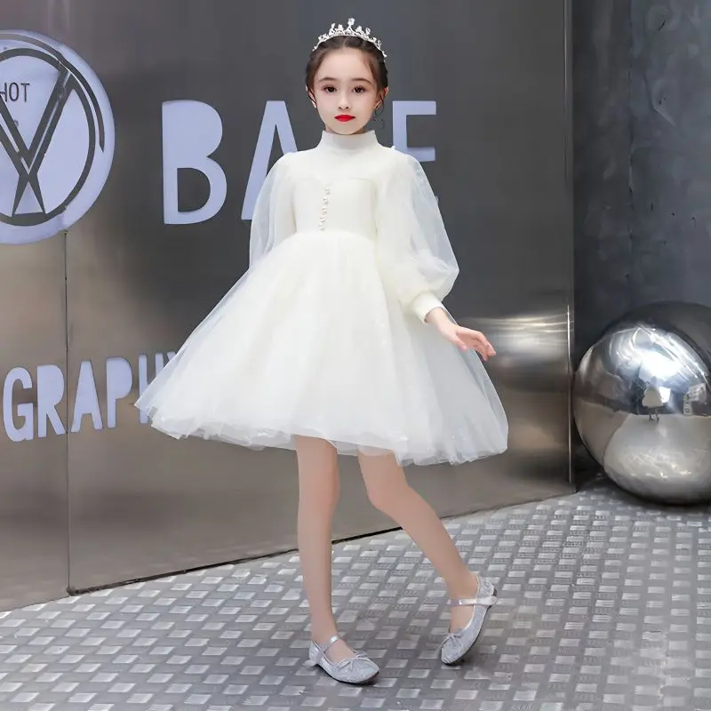

Girls Dress 2025 Spring and Autumn Winter New Style Bubble Lantern Sleeve Girl Elegant Children's Mesh Princess Dresses 7-13Y