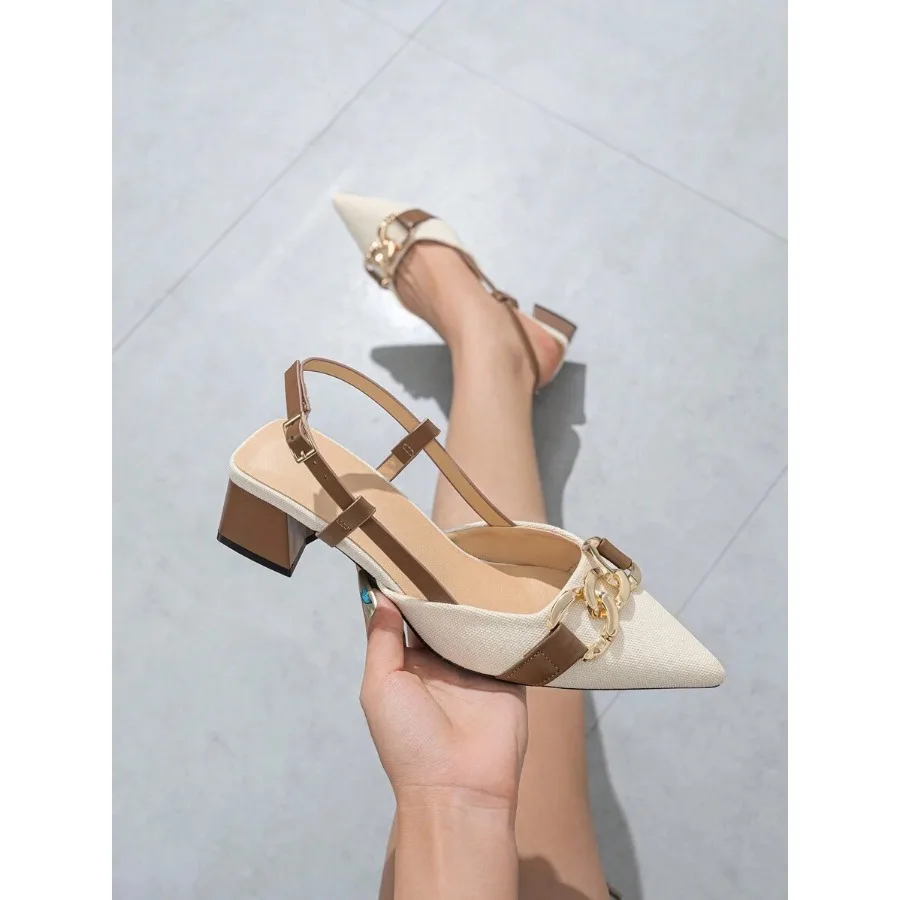Zapatos de tacón grueso con punta cerrada y decoración de cadena para mujer, elegantes para el día a día, actividades al aire libre y reuniones familiares