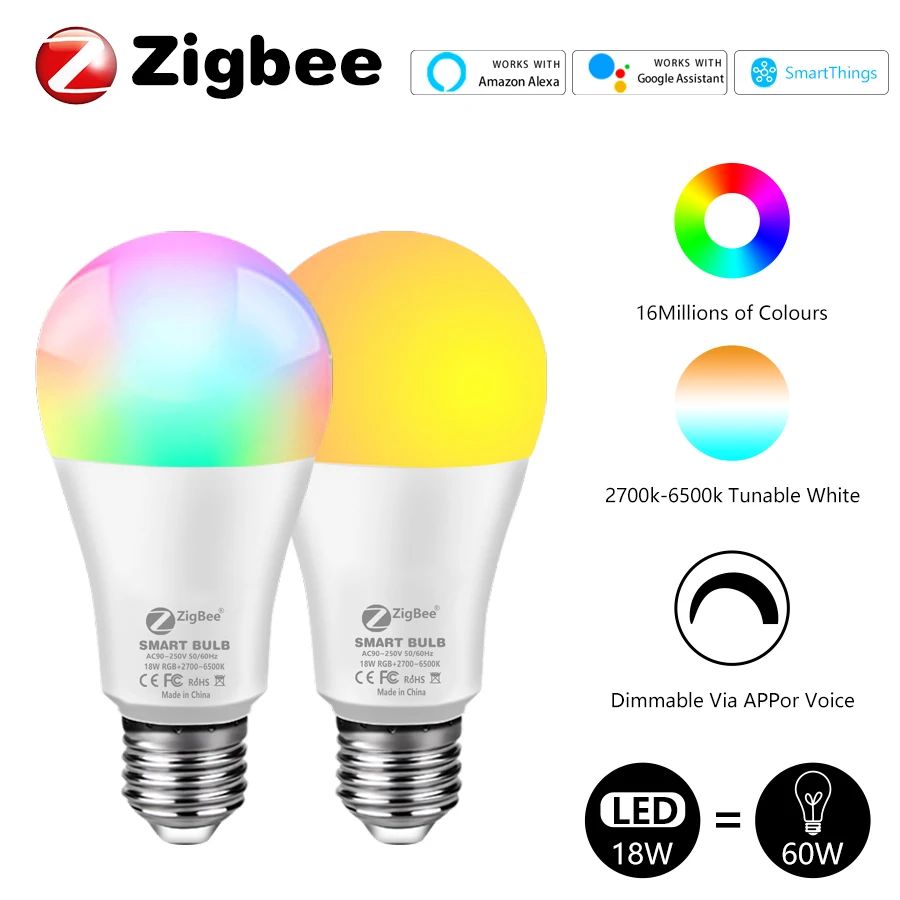 

Tuya Smart LED Light Bulb E27 Zigbee 85-265V 12W 15W 18W RGB Bulb Smart Life APP Voice Control Works With Alexa Google Home