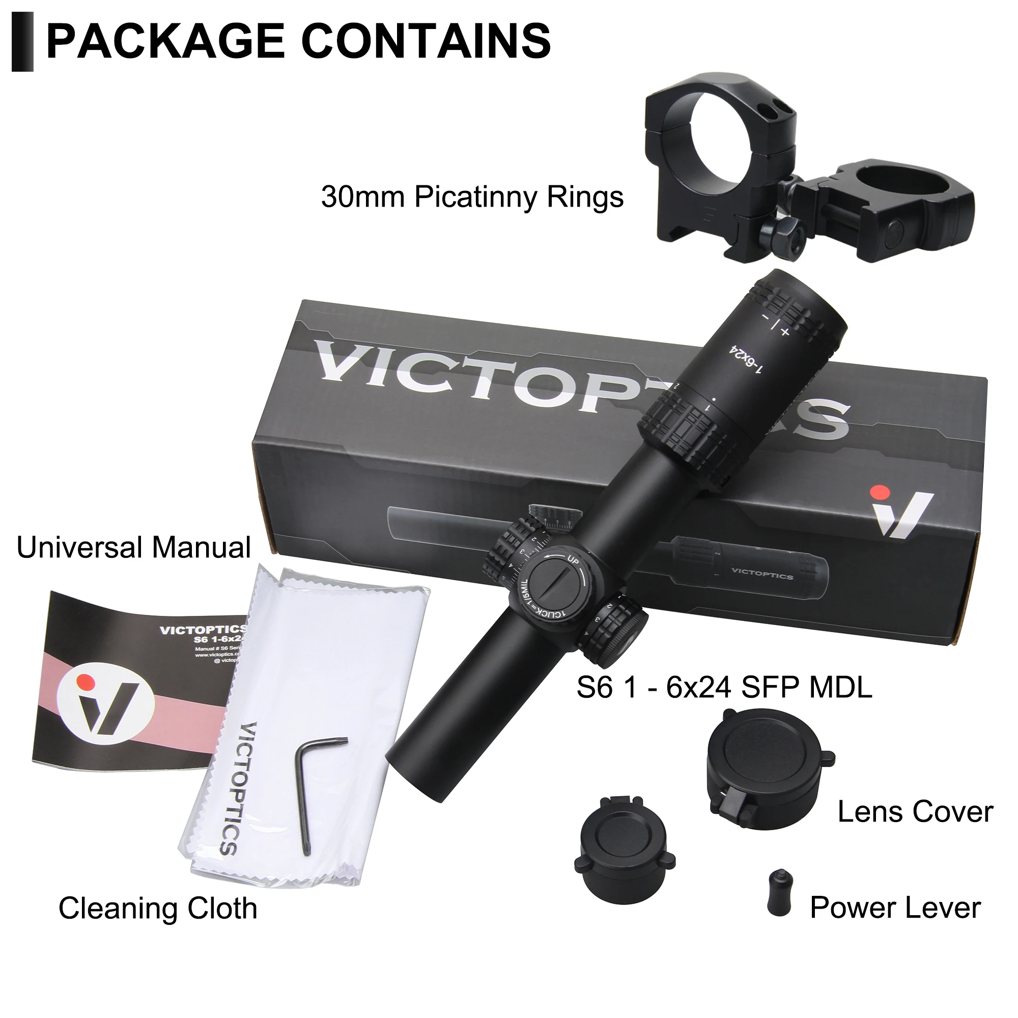 VictOptics-S6 Riflescope com iluminação vermelha e verde, sistema de bloqueio de torre, amplo campo de visão, AR 15,. 223, 5,56, 1-6x24 SFP