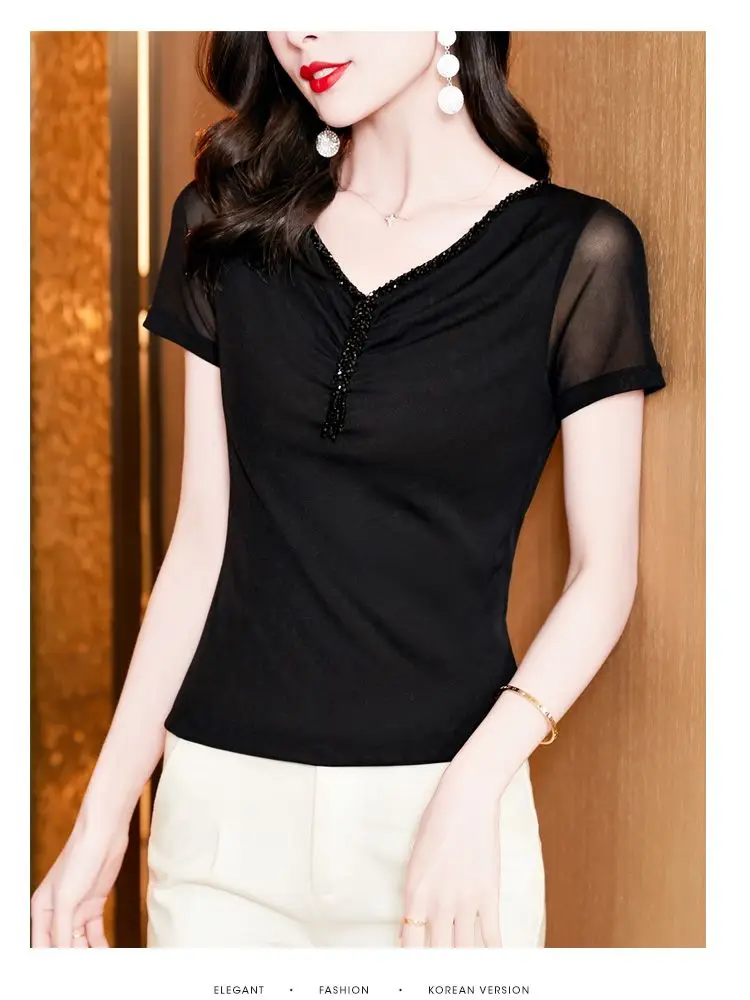 Women Fashion Diamonds V-neck Short Sleeve T-shirts Tops Girls High Stretchy Sheath Mesh Tee Shirts For Woman