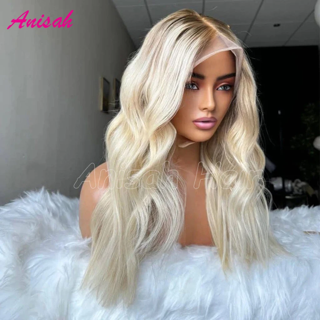 Ombre Blonde 13X4 Transparent Lace Front Human Hair Wig for Women Dark Root Body Wave Blonde 5X5 Lace Closure Wig Pre Plucked image 4