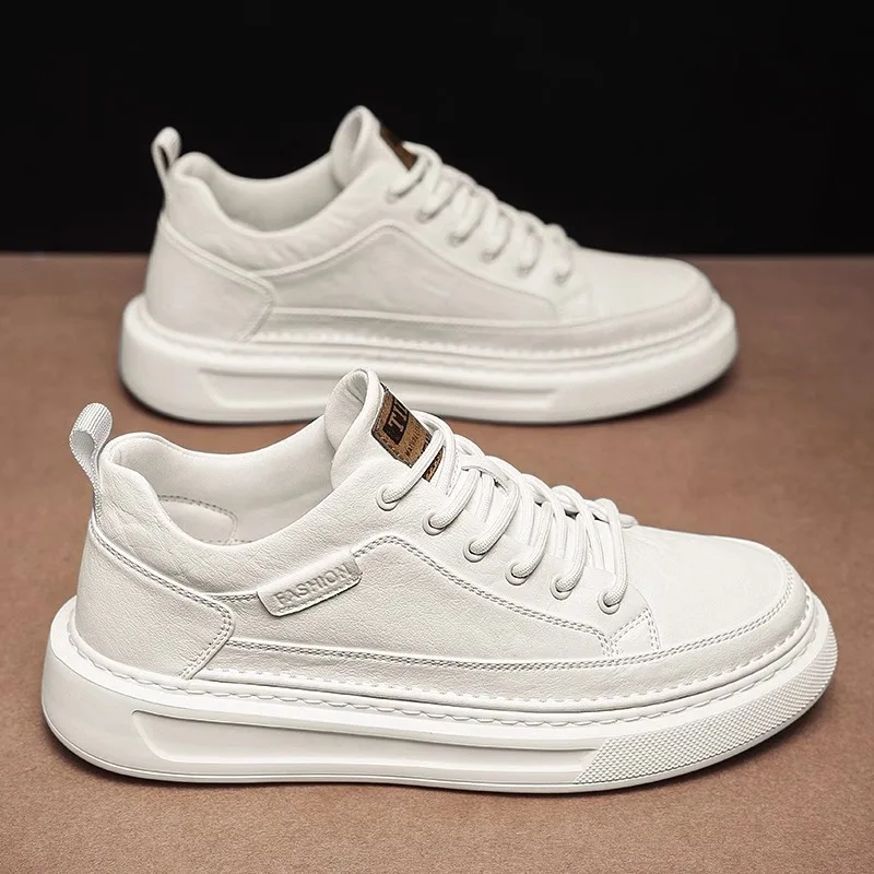 

Men's Casual Leather Shoes Spring Season Versatile Work Waterproof Sports Thick Bottom Heightening White Trendy Shoes