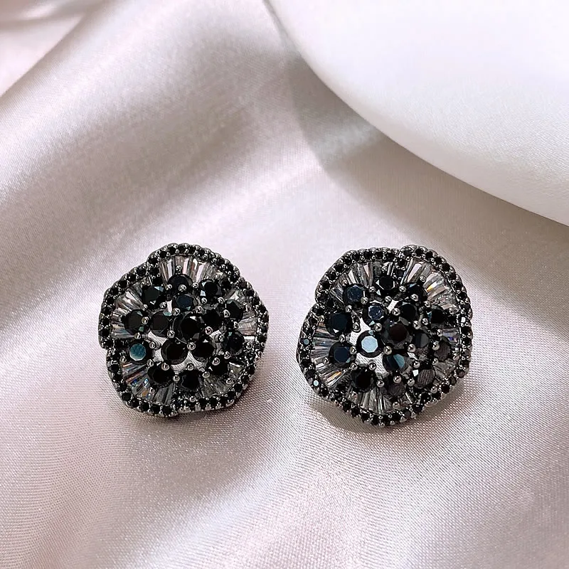 2023 Korean New design fashion jewelry Luxury black zircon flower earrings Elegant women's evening party accessories