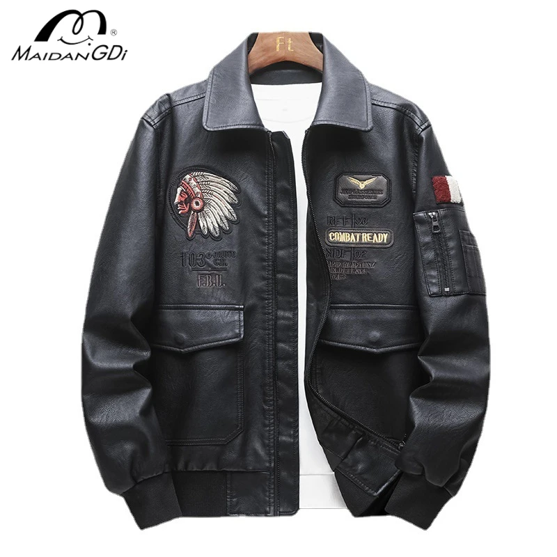 

MaiDangDi Autumn and Winter New Embroidered Men's Leather Jacket with Lapel Air Force PU Leather Motorcycle Jacket Men's Trend