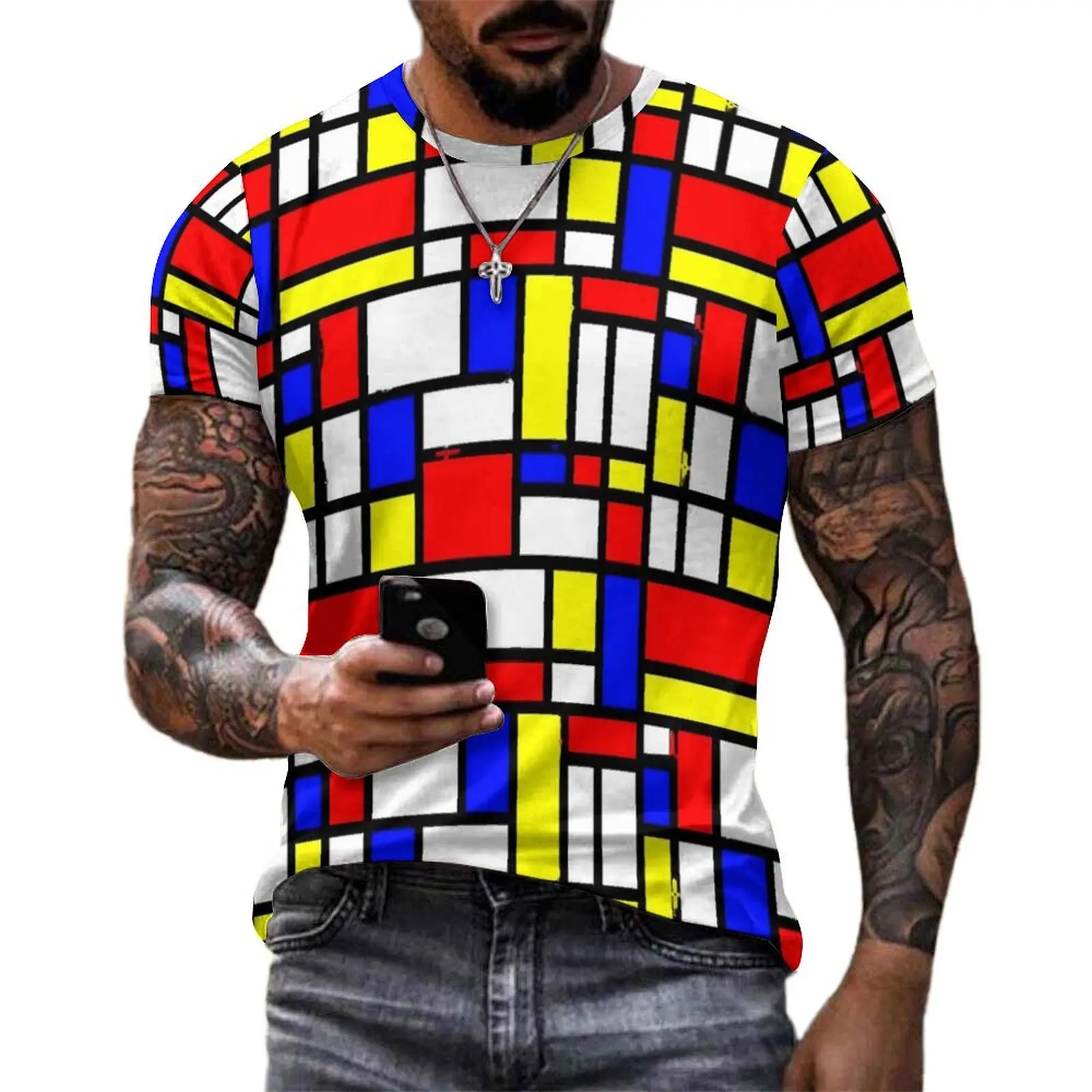 Geomatric Patchwork Print T-Shirt Color Block Trending T Shirts Man Classic Tee Shirt Summer Short Sleeve  Top Tees Plus Size