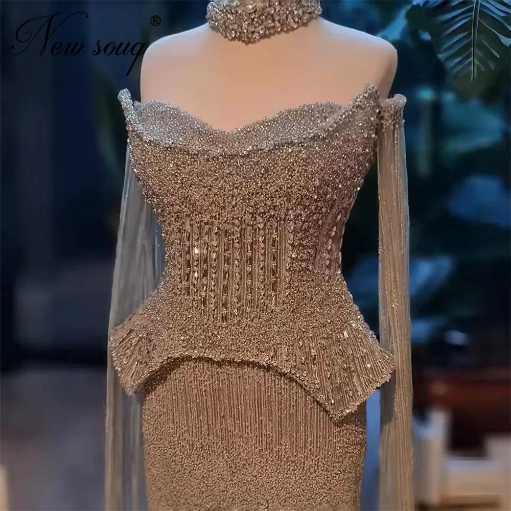 

Arabic Champagne Beaded Prom Dresses Off Shoulder Long Tassel Women Evening Dress Brides Party Gowns Vestidos De Gala Customized