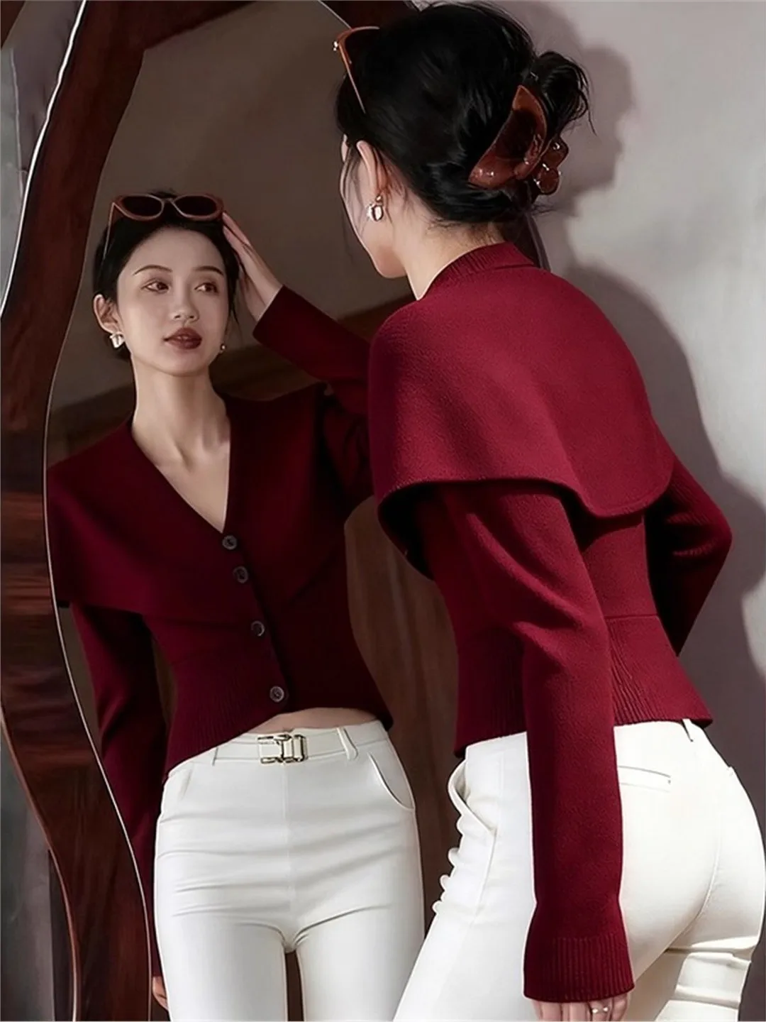 

Slim Fit V-Neck Knitted Sweater Women's Short Style Autumn Winter Red Color Button up Top French Style Knitted Long Sleeve