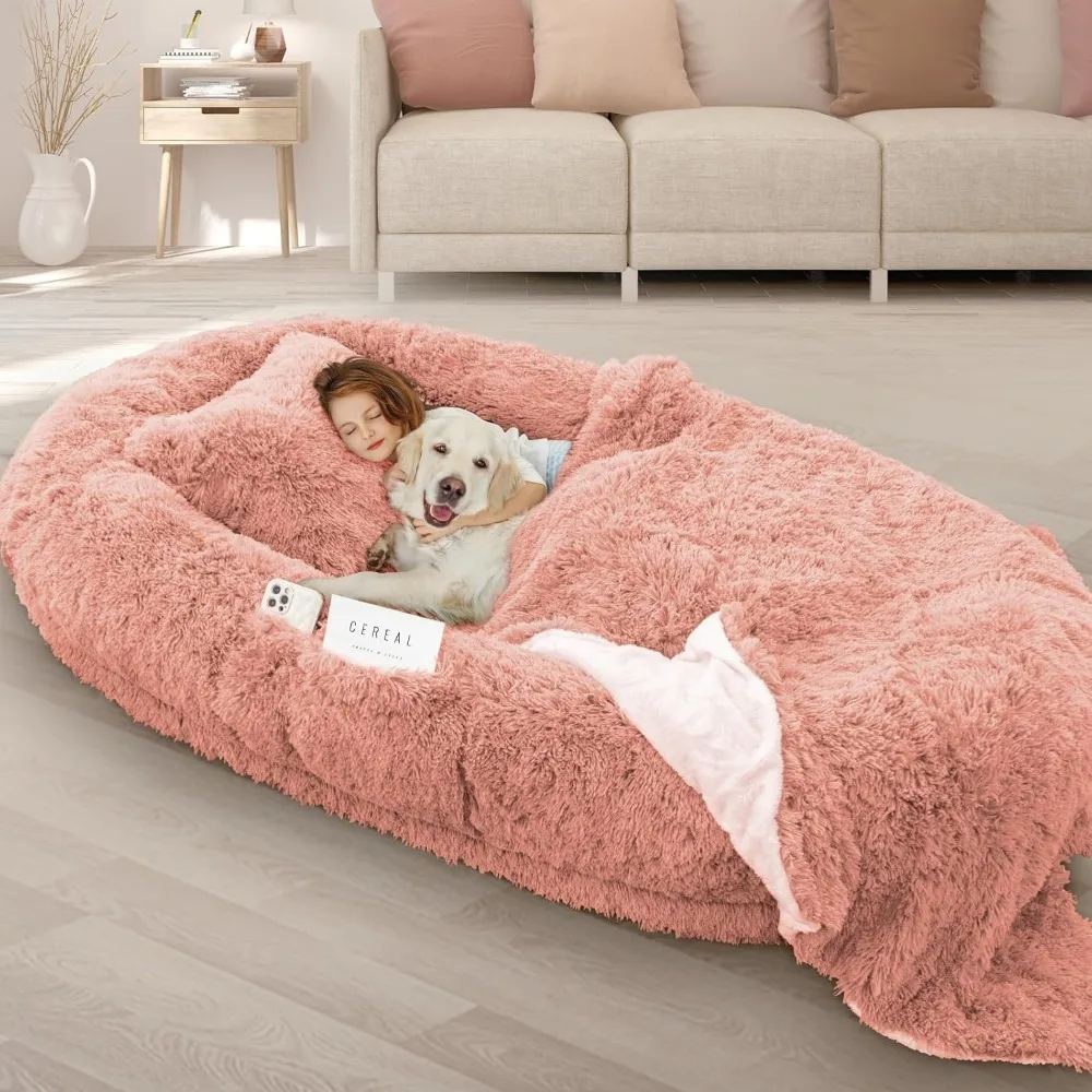 

Human Dog Bed - 71''x45''x12'' Giant Oversize Dog Bed with Memory Foam, Plump Pillow, Blanket, Strap - Pink