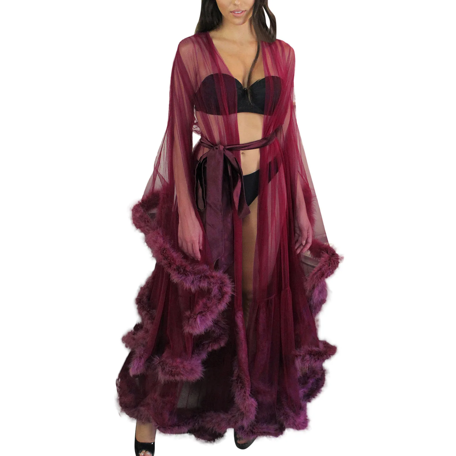 Women Fashion Sexy Tulle Robe Long Lingerie Nightgown Bathrobe Sleepwear Feather Bridal Robe Lace Lingerie Dress With Belt