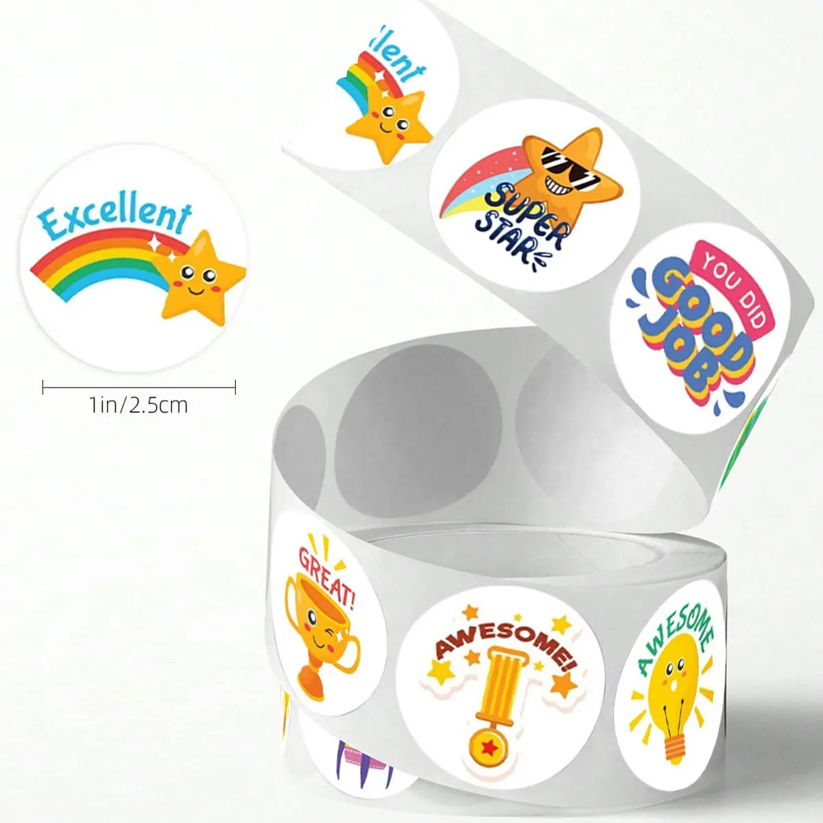JCAC 500pcs/roll Cartoon Encouragement Doodle Stickers, Round PVC Self-Adhesive Labels, Learning Reward, Game Gift, DIY Decals