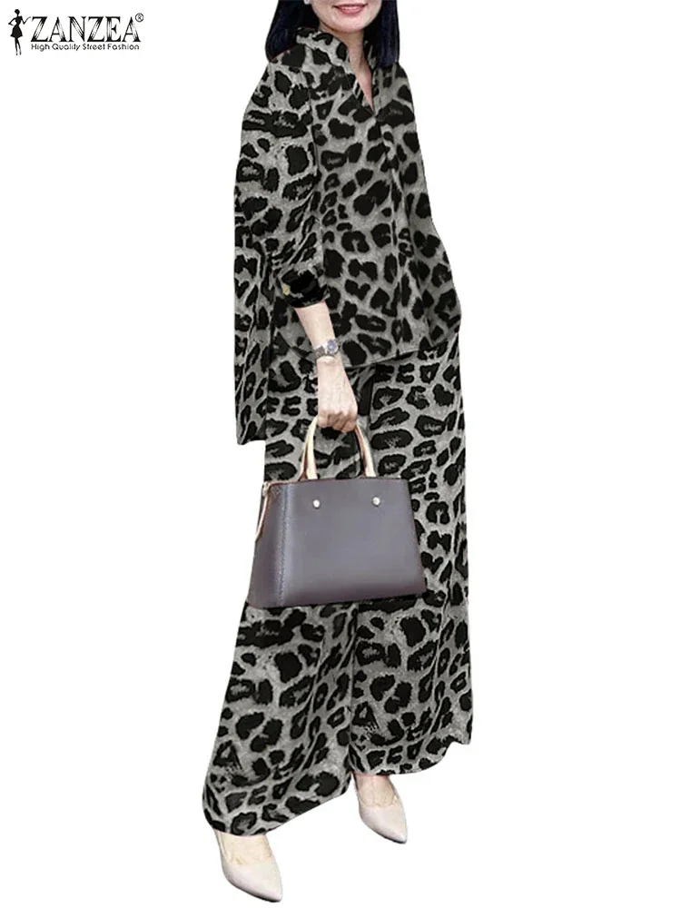 Tuta leopardata autunnale 2025 ZANZEA Set da 2 pezzi da donna alla moda Camicetta a maniche lunghe con risvolto vintage Set di pantaloni a gamba larga Abiti da lavoro