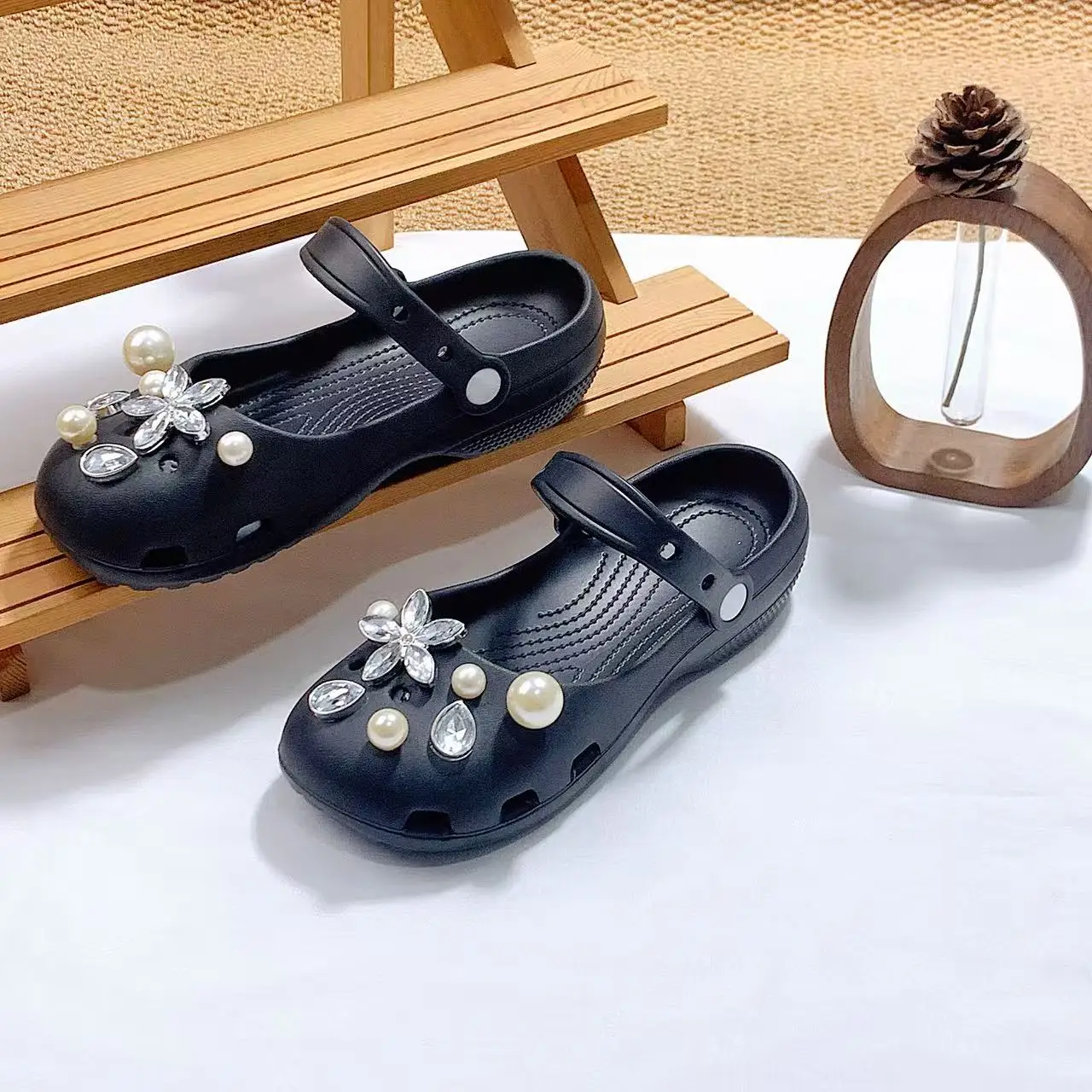 Women's Slippers, Mary Jane Shoes, Ballet Shoes, Crystal Flower Water Drop Rhinestone Pearl Clogs, Women's Sandals for Outdoor Wear, Thick-Soled Garden Shoes