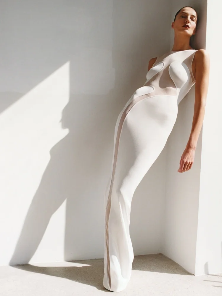 

Women's Sheer - Panel White Party Dresses Mesh See-Though O-Neck Woman Bodycon Summer Dress Vestidos Largos