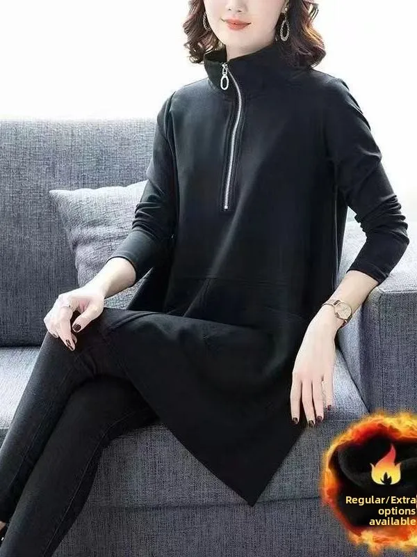 plus Size Women's Long Sleeve Hoodie Spring Autumn Winter New Style Fleece Lined Stand Collar Slimming Belly Covering mid Age...