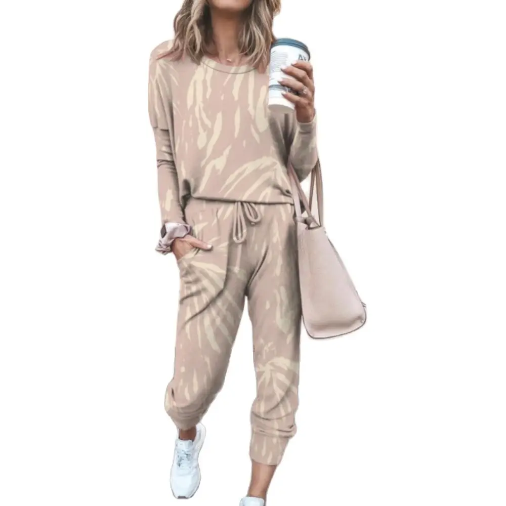 2Pcs Women pants Suit Long Sleeve Tie Dye Round Neck Pants Loungewear Pant Sets Matching Sets Ladies Clothing 2022